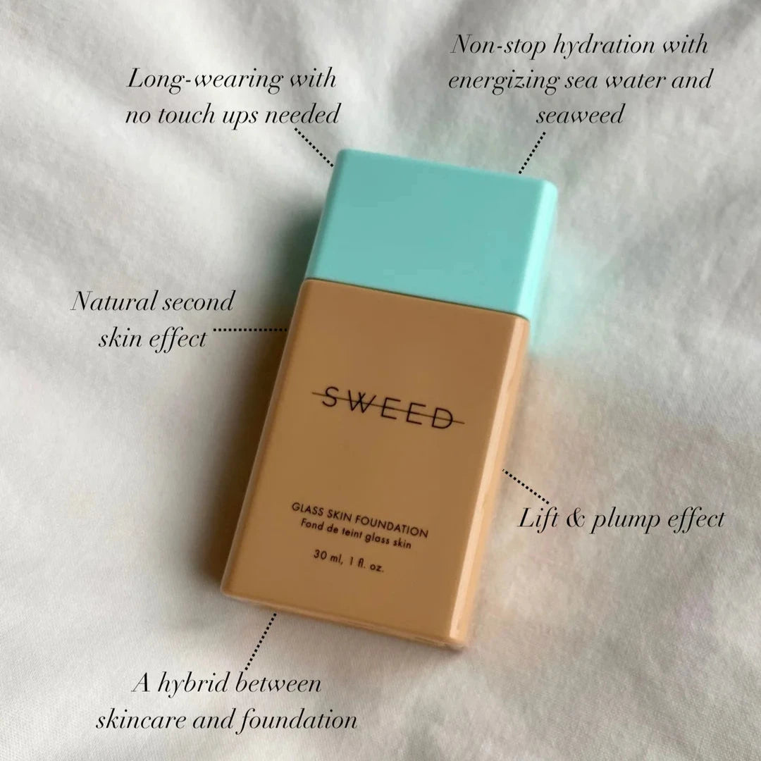 Sweed glass skin foundation bottle with natural second skin effect and hydrating ingredients