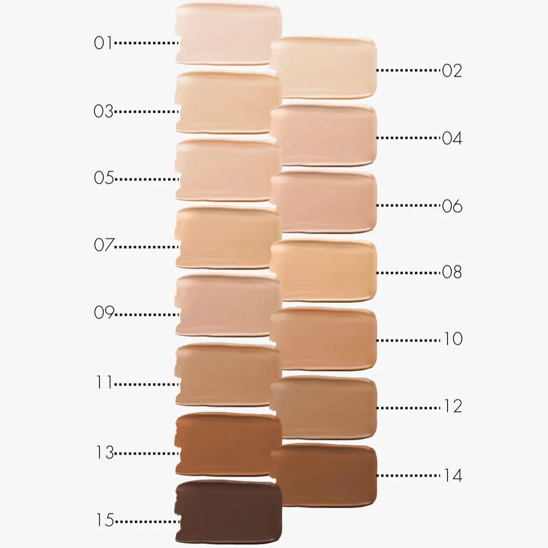 Sweed glass skin foundation swatches showcasing a range of shades from light to dark for diverse skin tones