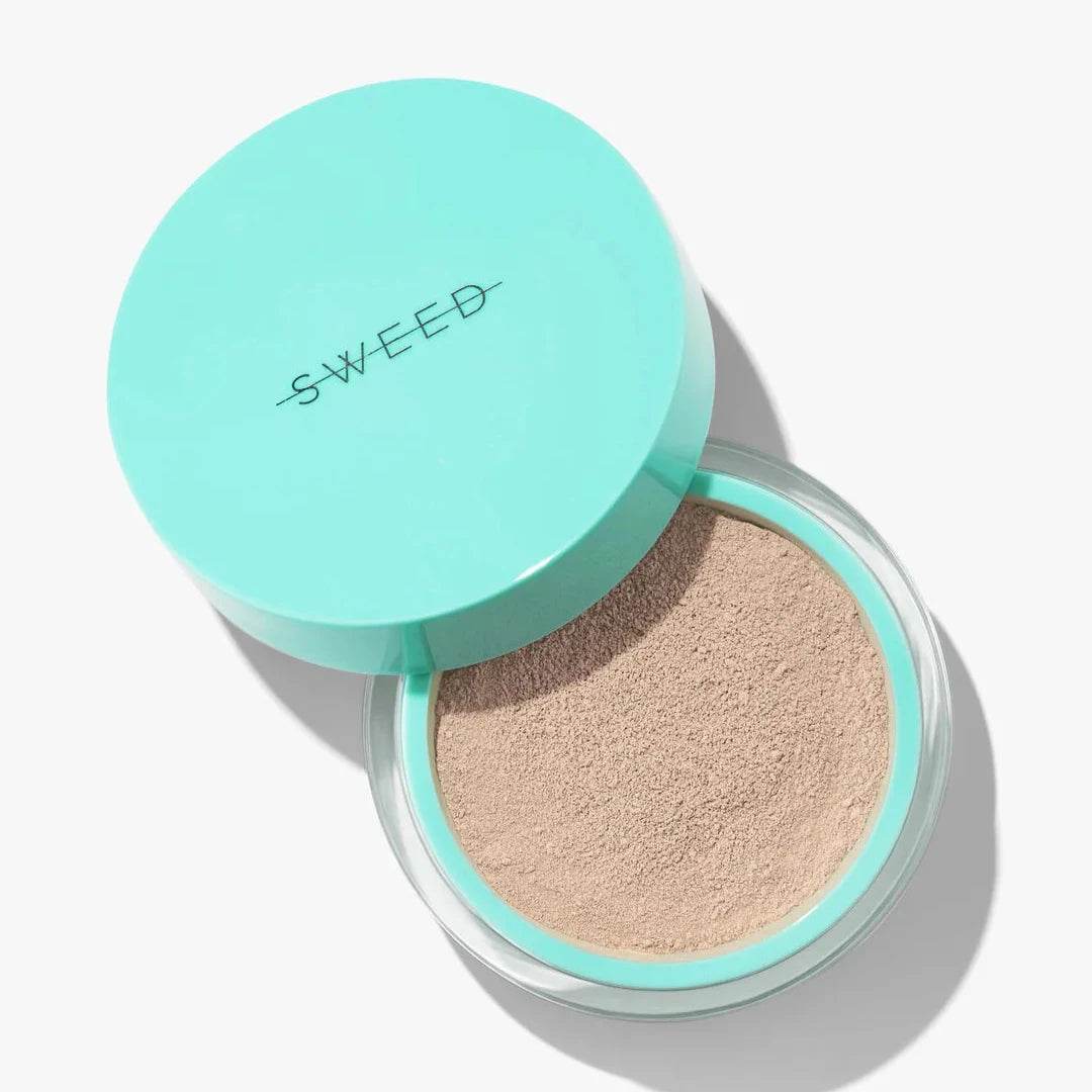 Sweed Luxury Face Powder in a turquoise container, providing a flawless finish for makeup enthusiasts