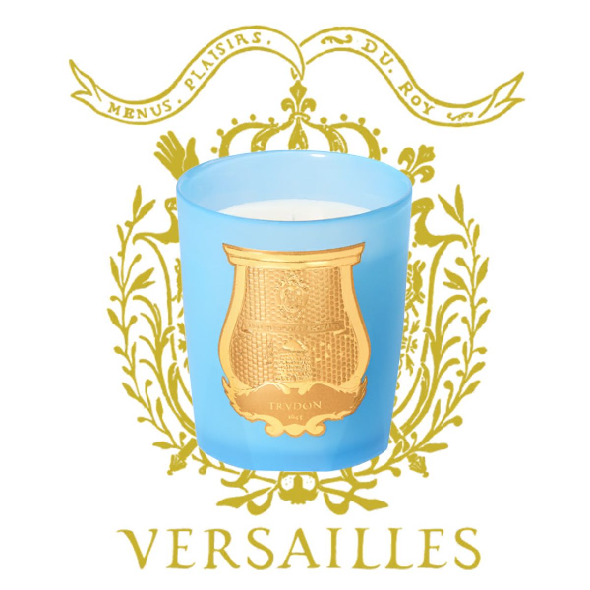 London Beauty Versailles Candle in blue glass holder with gold emblem and white wax