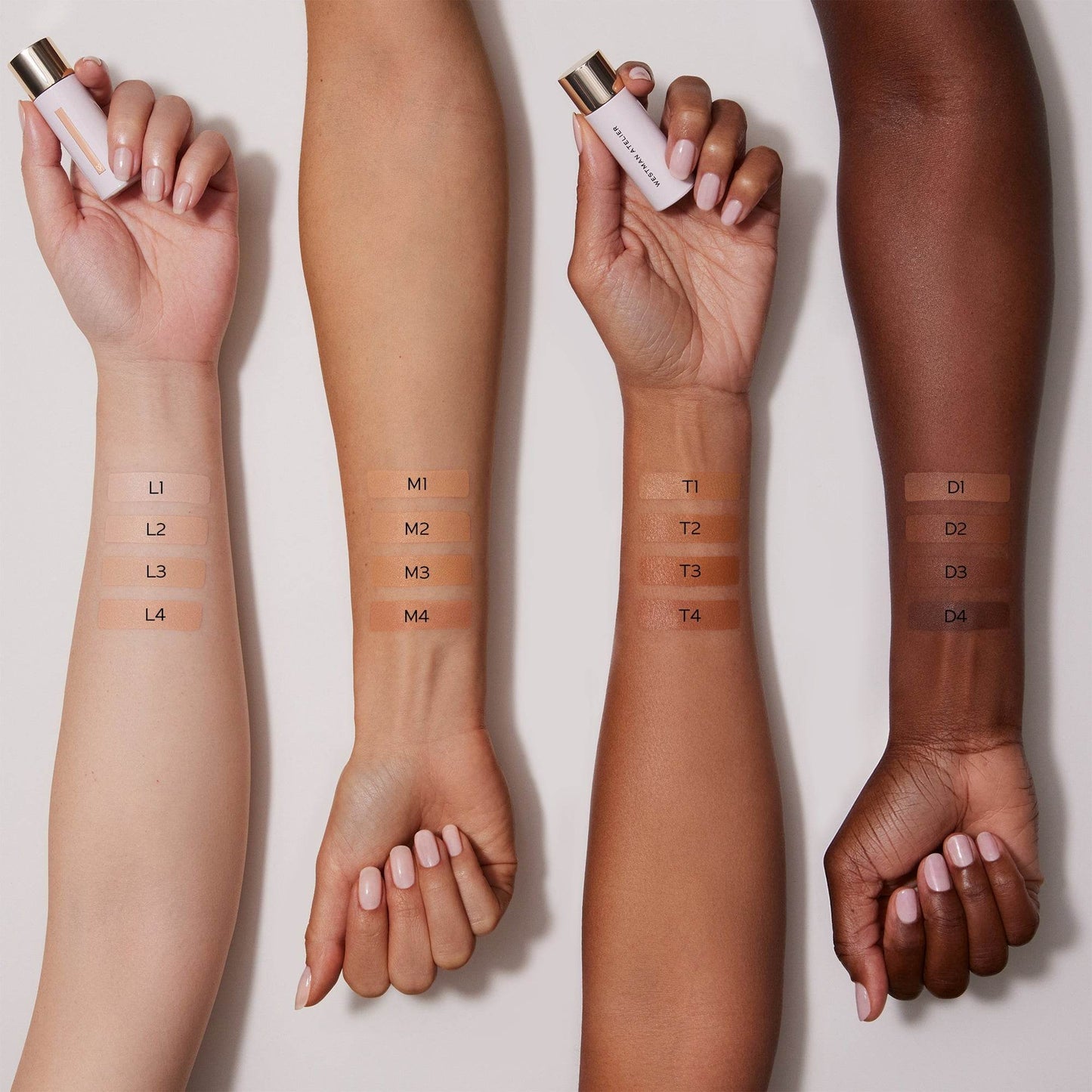 Westman Atelier Skincare Infused Concealer shades displayed on diverse skin tones for shade matching