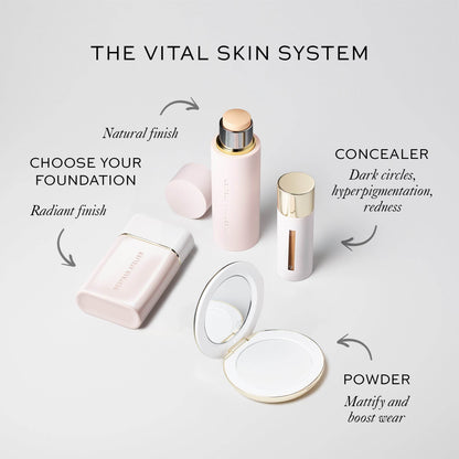Westman Atelier Vital Skin System showcasing Skincare Infused Concealer, foundation, and powder for a radiant finish