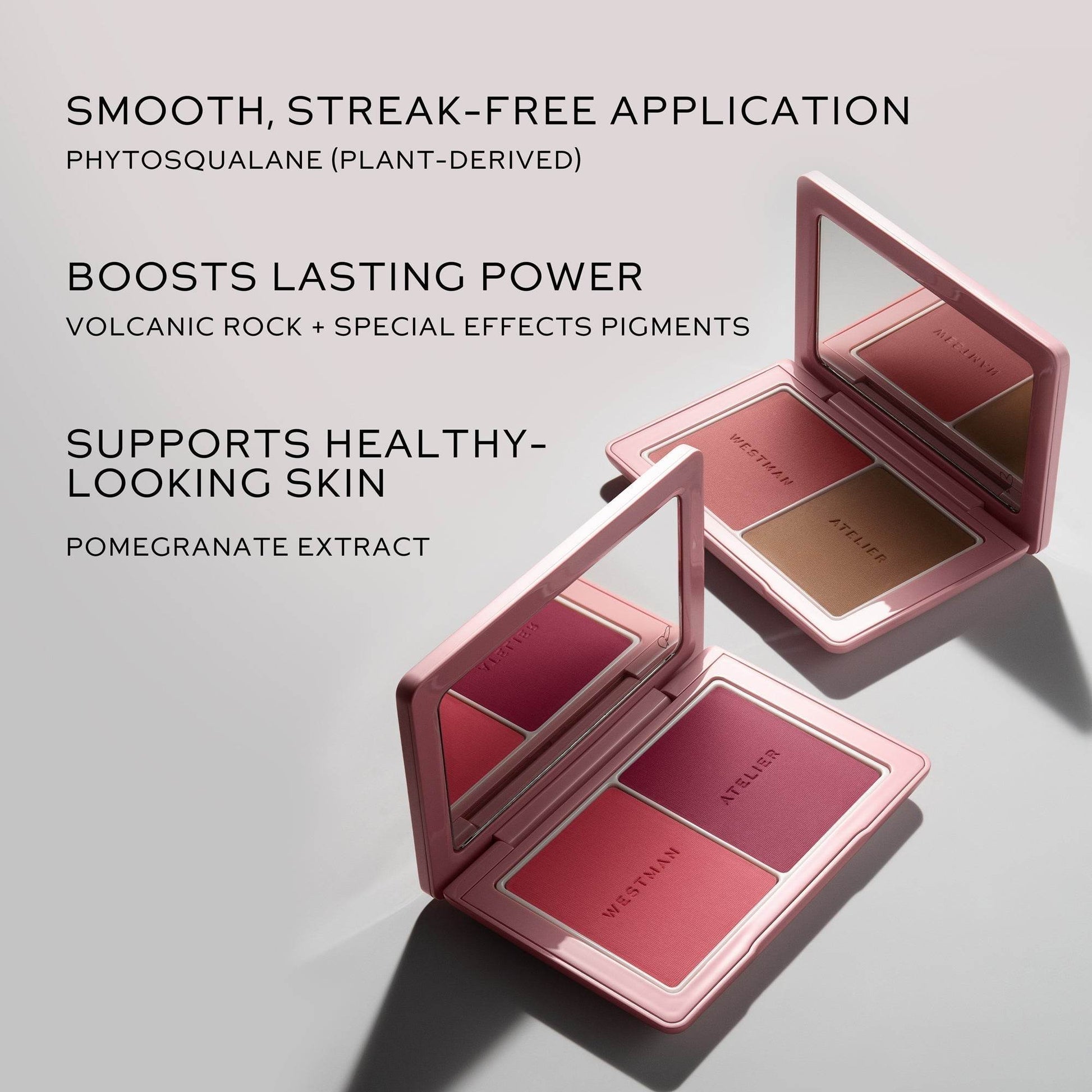 Westman Atelier Blush and Sculpt Powder Duos in a compact with mirror for a flawless finish