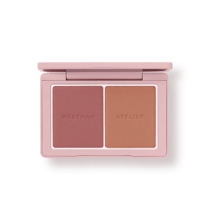 Westman Atelier Blush and Sculpt Powder Duos compact featuring pink blush and bronzer shades