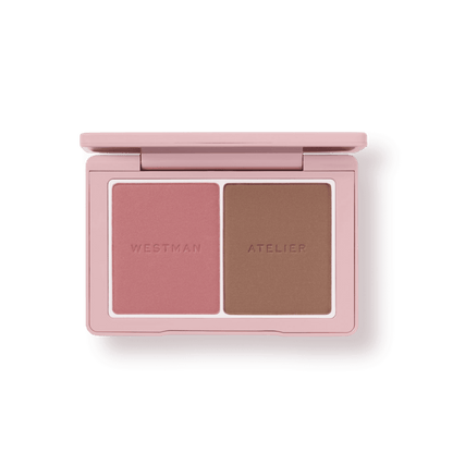 Westman Atelier Blush and Sculpt Powder Duos featuring a pink blush and bronzer for a sculpted look