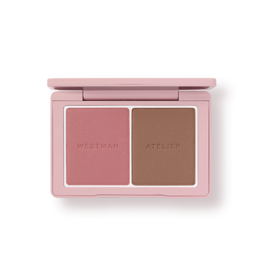 Westman Atelier Blush and Sculpt Powder Duos featuring a pink blush and bronzer for a sculpted look