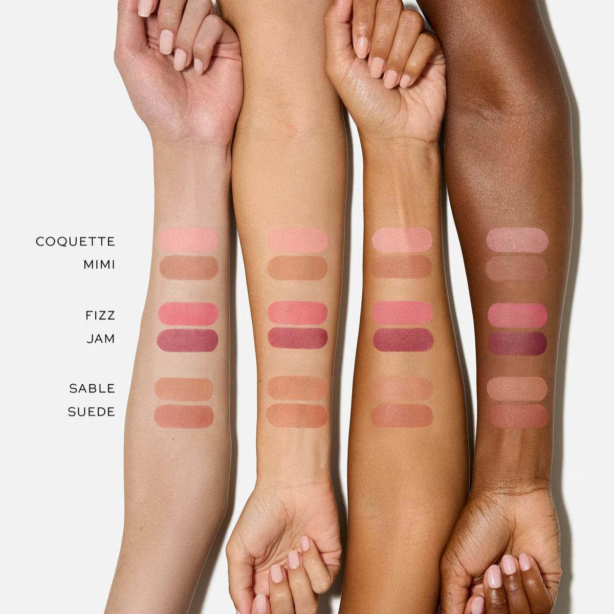 Westman Atelier Blush and Sculpt Powder Duos swatches on different skin tones showcasing four color options