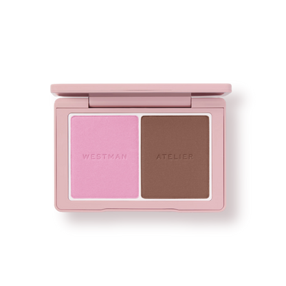Westman Atelier Blush and Sculpt Powder Duos with a pink blush and brown sculpting powder in compact