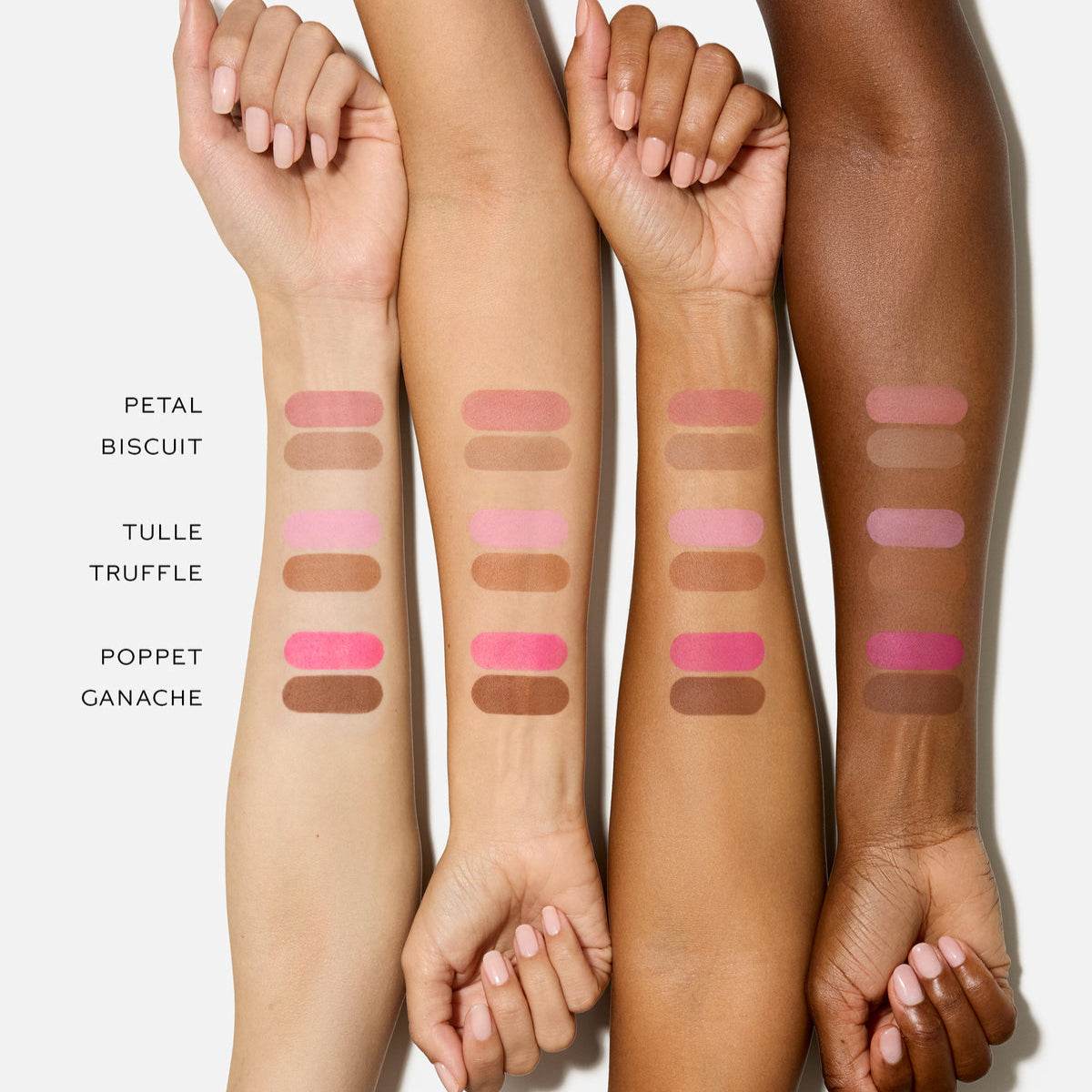 Swatches of Westman Atelier Blush and Sculpt Powder Duos on various skin tones