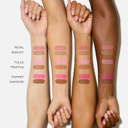 Swatches of Westman Atelier Blush and Sculpt Powder Duos on various skin tones