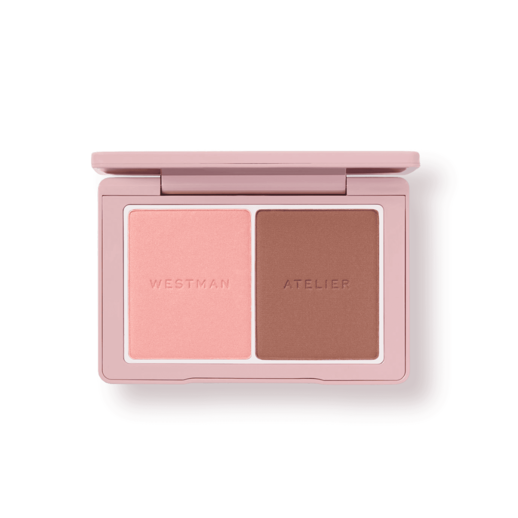 Westman Atelier Blush and Sculpt Powder Duos in a compact with pink and brown shades for radiant looks