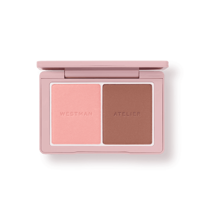 Westman Atelier Blush and Sculpt Powder Duos in a compact with pink and brown shades for radiant looks