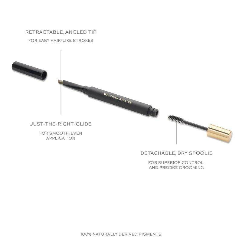 Westman Atelier Brow Defining Pencil with retractable tip for easy hair-like strokes and a detachable spoolie