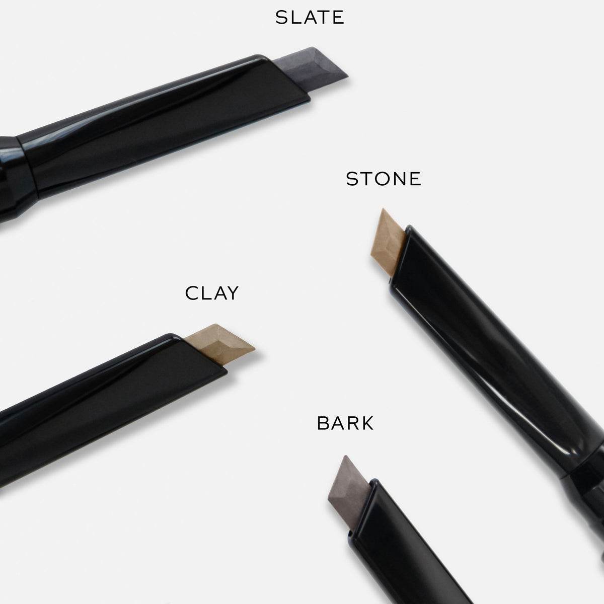 Westman Atelier Brow Defining Pencil shades including Slate, Stone, Clay, and Bark for precise eyebrow definition