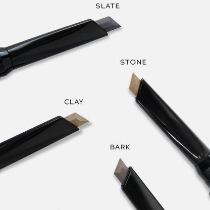 Westman Atelier Brow Defining Pencil shades including Slate, Stone, Clay, and Bark for precise eyebrow definition