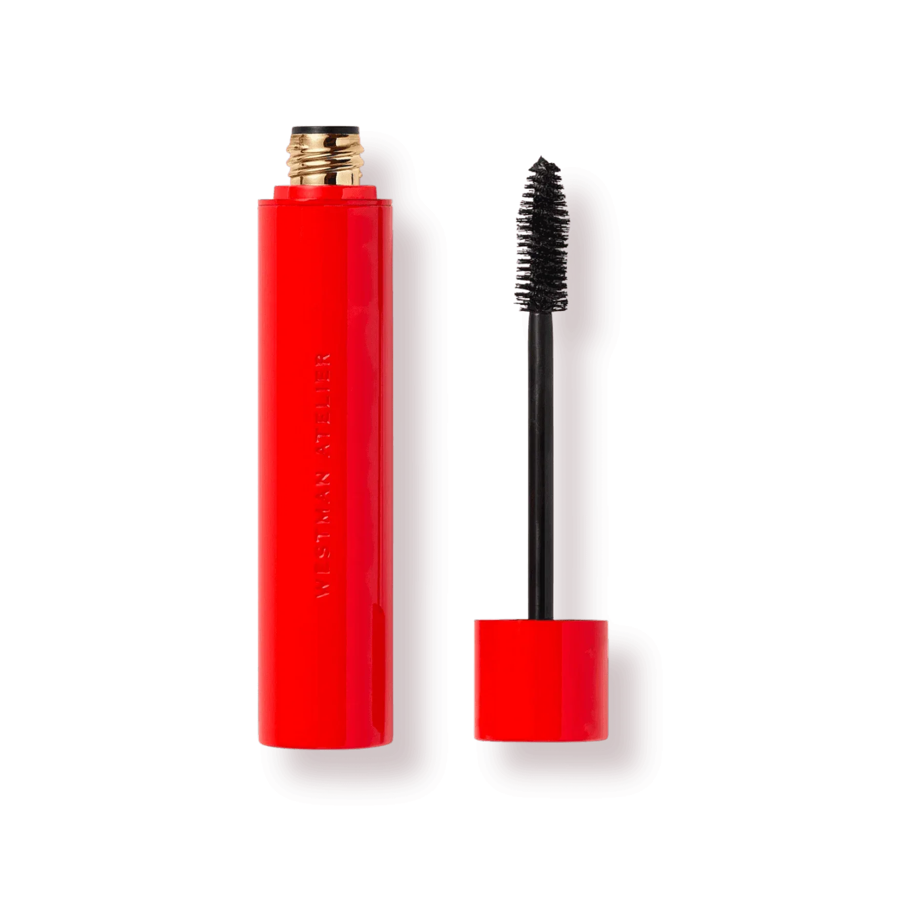 Westman Atelier Buildable Mascara in a sleek red tube with an easy-to-use wand for customizable volume