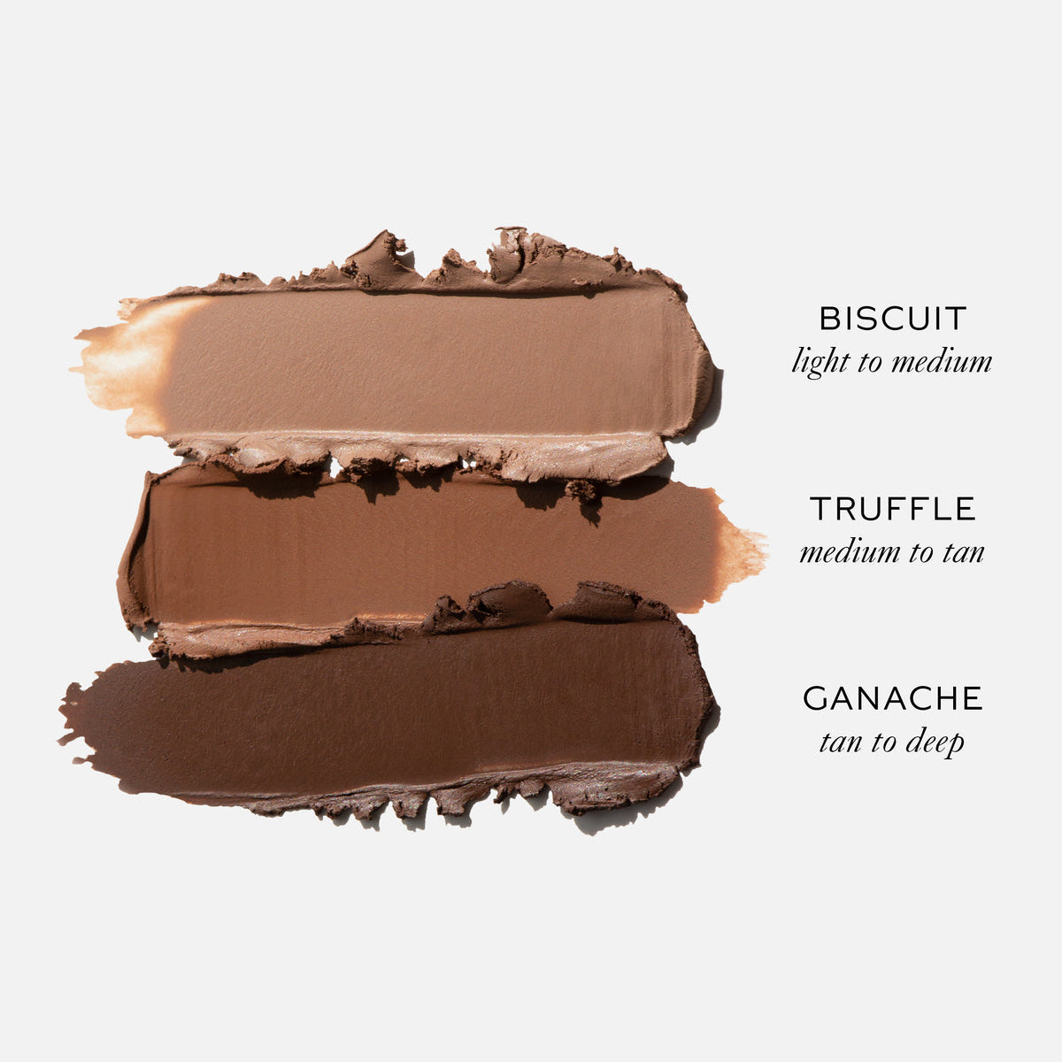 Westman Atelier Contour Stick color swatches: Biscuit, Truffle, and Ganache for various skin tones