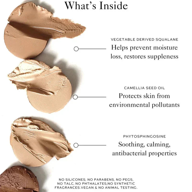 Westman Atelier Foundation Stick swatches showcasing different shades and key nourishing ingredients
