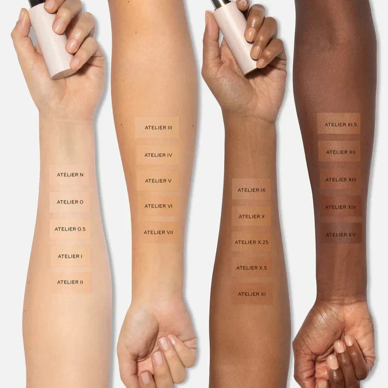 Westman Atelier Foundation Stick swatches on different skin tones to showcase diverse shades available