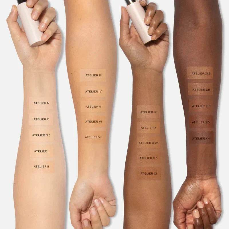 Westman Atelier Foundation Stick swatches on various skin tones for perfect shade matching