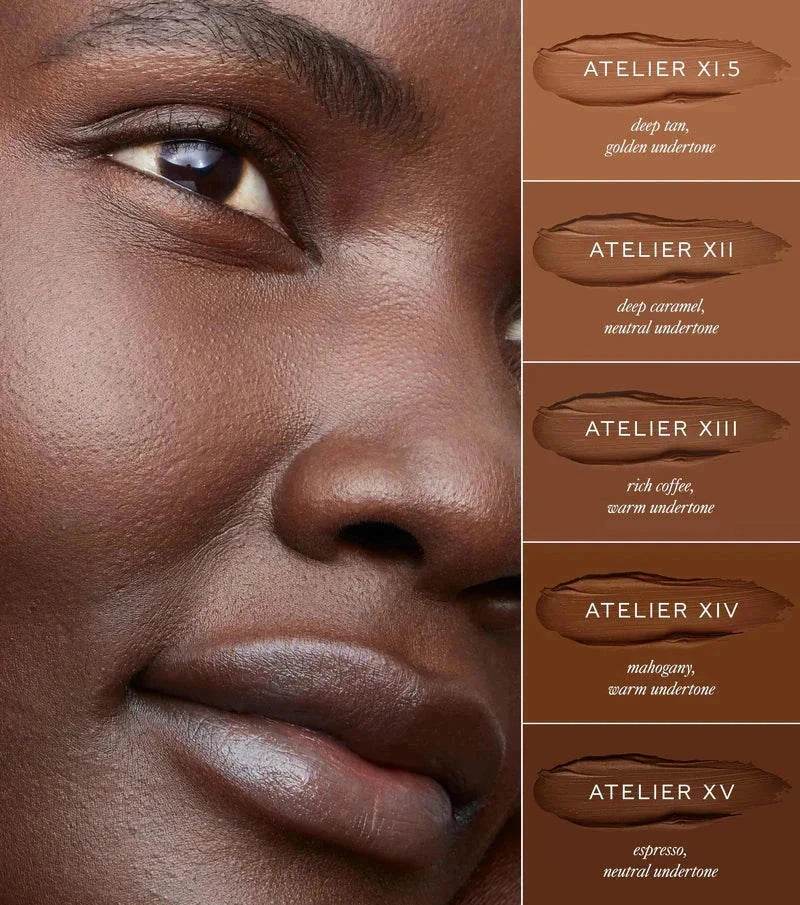 Westman Atelier Foundation Stick swatches on various skin tones for a flawless look