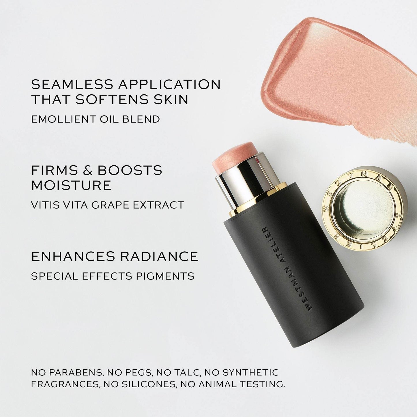 Westman Atelier Highlight Stick in a sleek black tube with a peachy shade for enhanced radiance