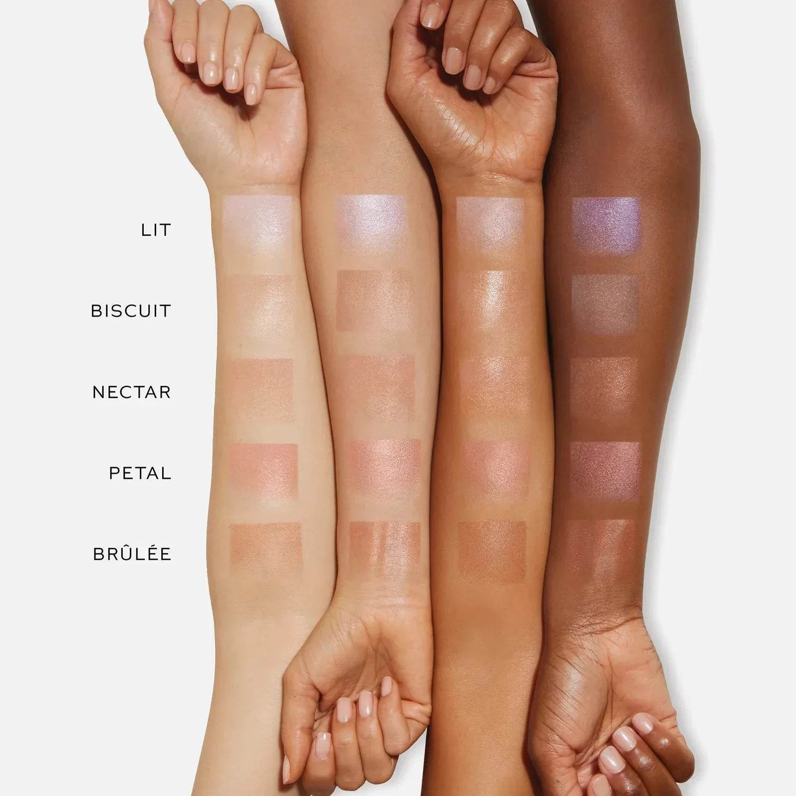 Swatches of Westman Atelier Highlight Stick on diverse skin tones showcasing four colors