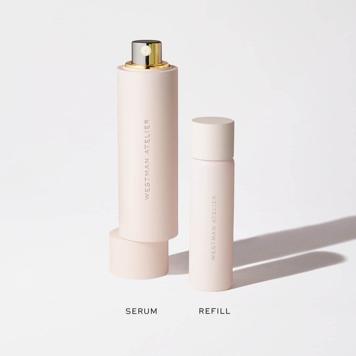 Westman Atelier Hydrating Serum and refill pack in elegant glass containers for skin nourishment