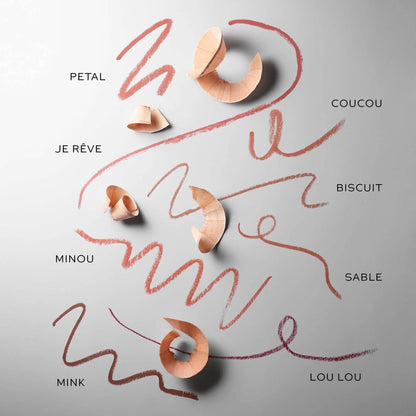 Westman Atelier Lip Shape Lip Liner shades displayed with wood shavings on a grey background