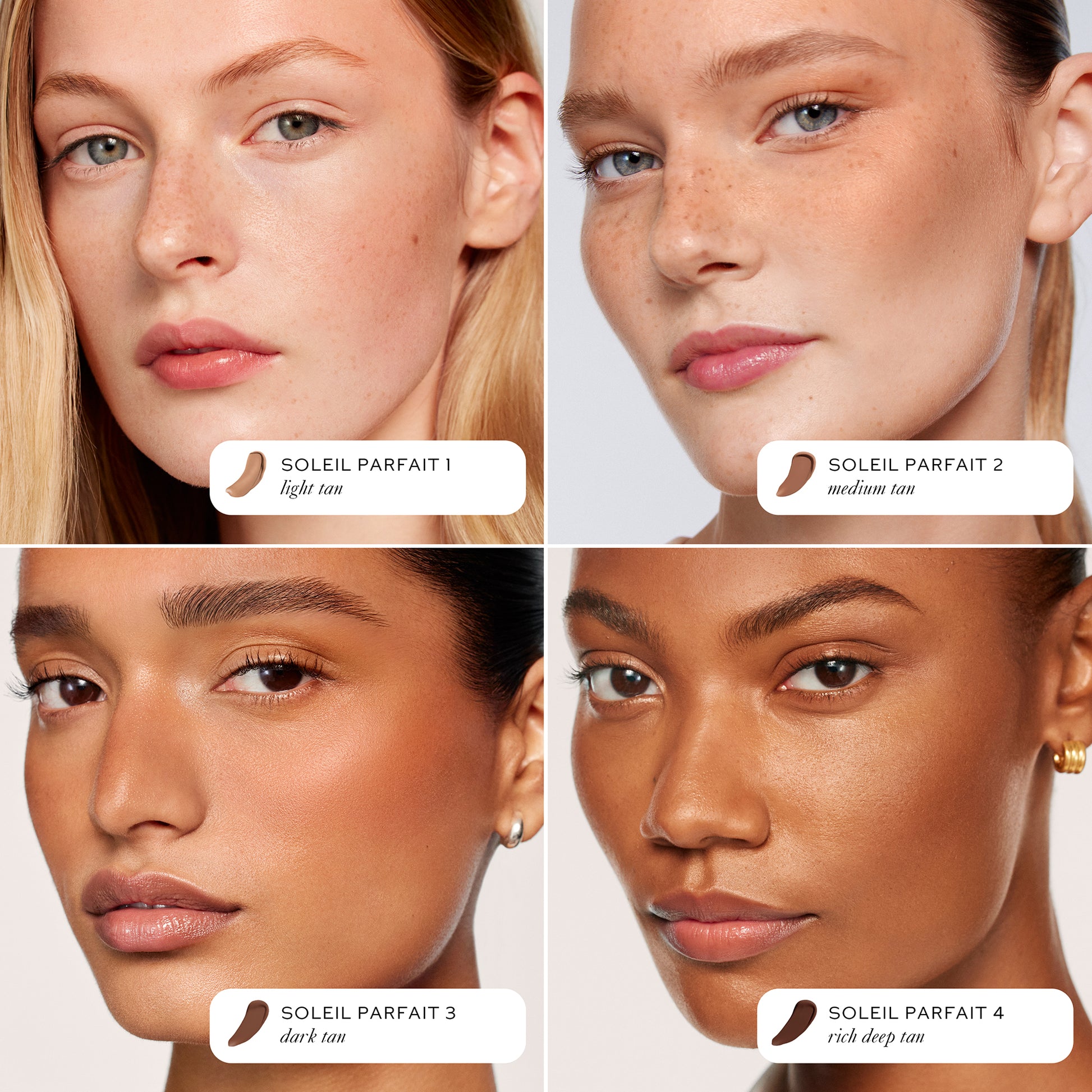 Westman Atelier Liquid Bronzer shades on diverse skin tones showcasing warm and radiant finishes