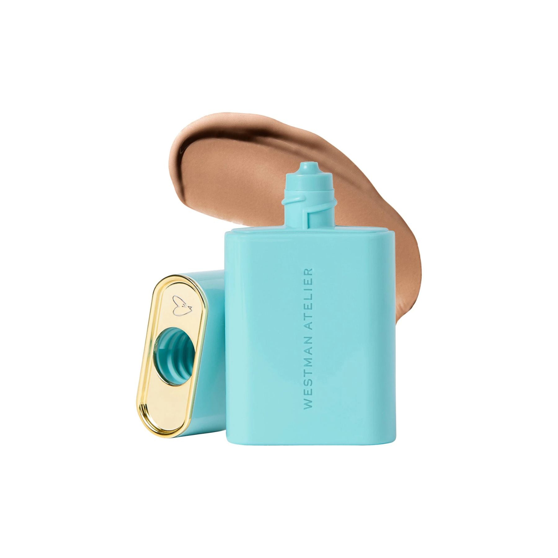 Westman Atelier Liquid Bronzer in a teal bottle with a gold push applicator for a sun-kissed glow