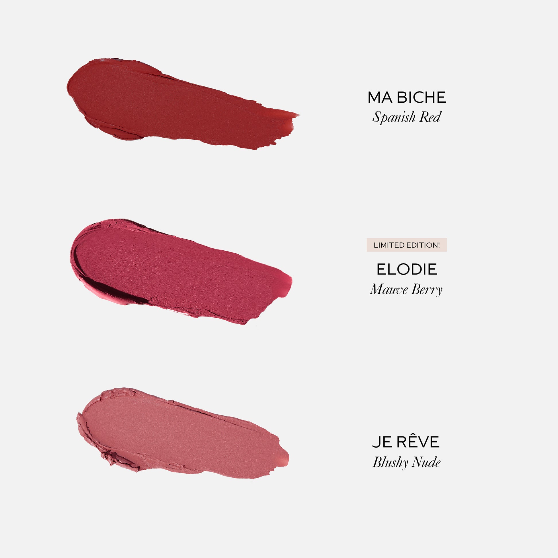 Westman Atelier luxury matte lipstick gift set featuring Spanish Red, Matver Berry, and Blushy Nude shades