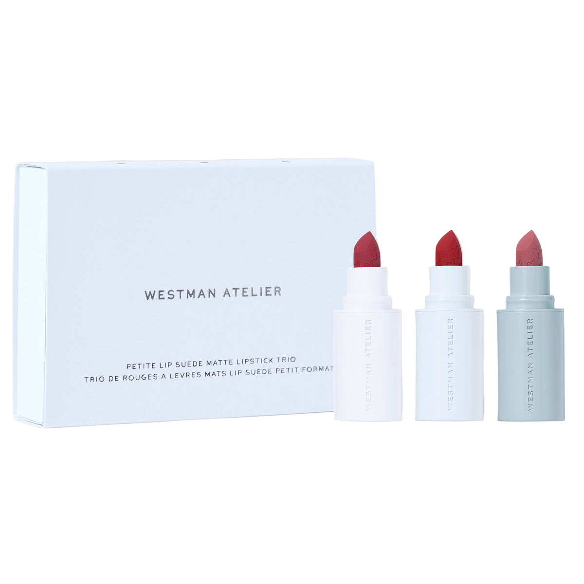 Westman Atelier luxury matte lipstick gift set with three shades in a sleek white box