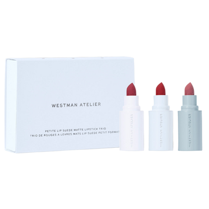 Westman Atelier luxury matte lipstick gift set with three shades in a sleek white box