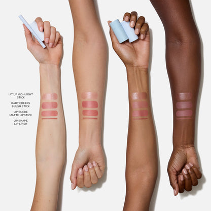 Westman Atelier Petite Petal Edition swatches showing Lit Up Highlight Stick and Baby Cheeks Blush Stick on diverse skin tones