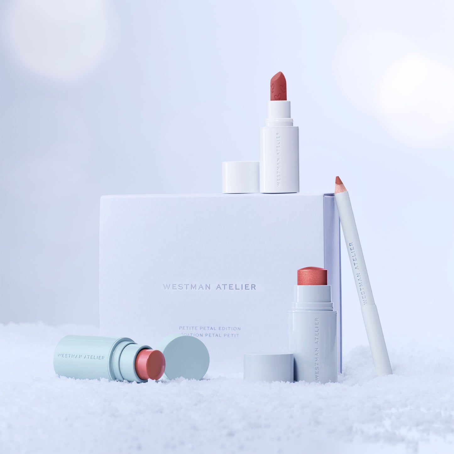 Westman Atelier Petite Petal Edition featuring multi-use cream blush, lip color, and lip pencil in a stylish gift box
