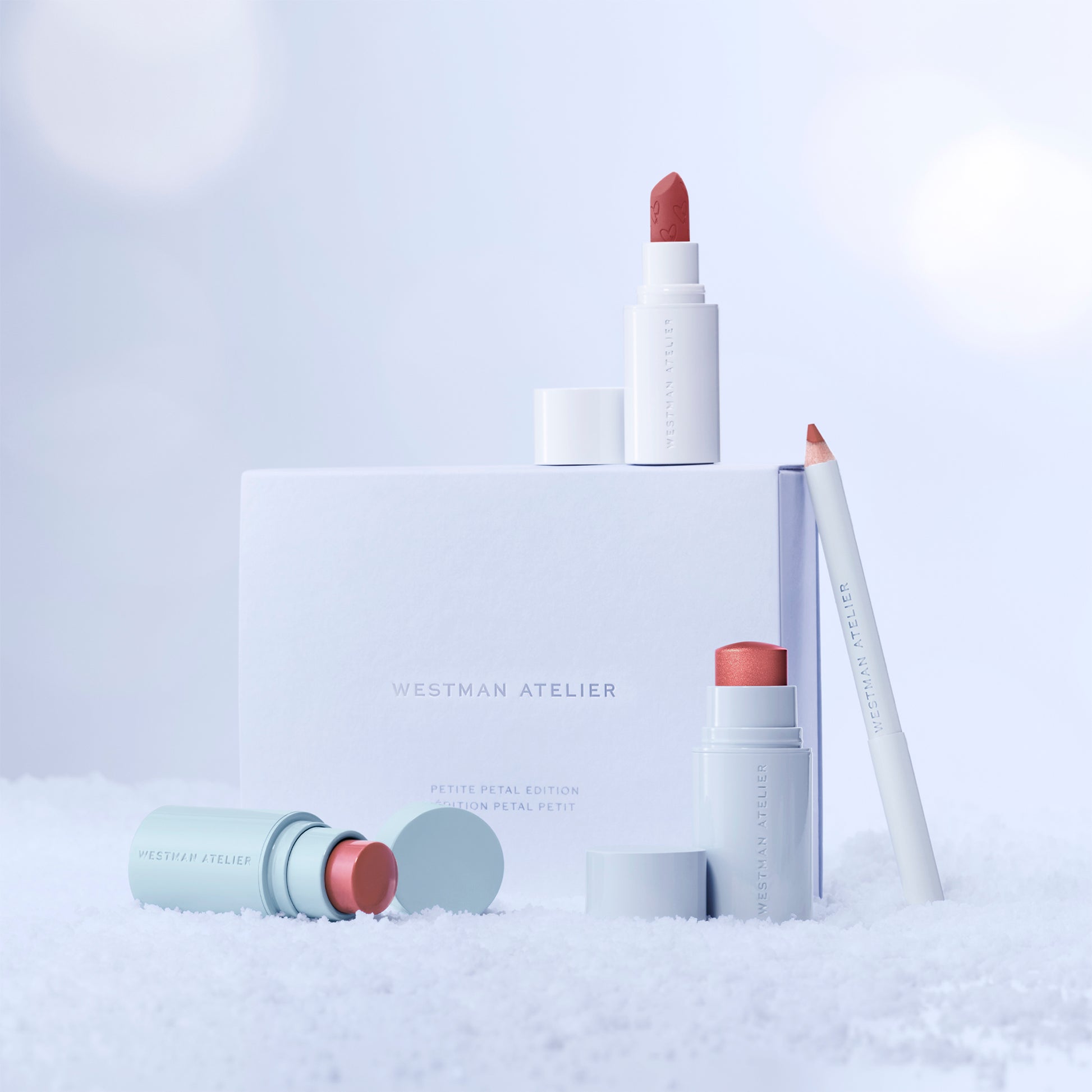 Westman Atelier Petite Petal Edition featuring multi-use cream blush, lip color, and lip pencil in a stylish gift box