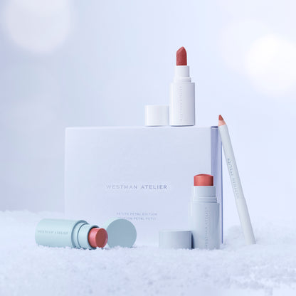 Westman Atelier Petite Petal Edition featuring multi-use cream blush, lip color, and lip pencil in a stylish gift box