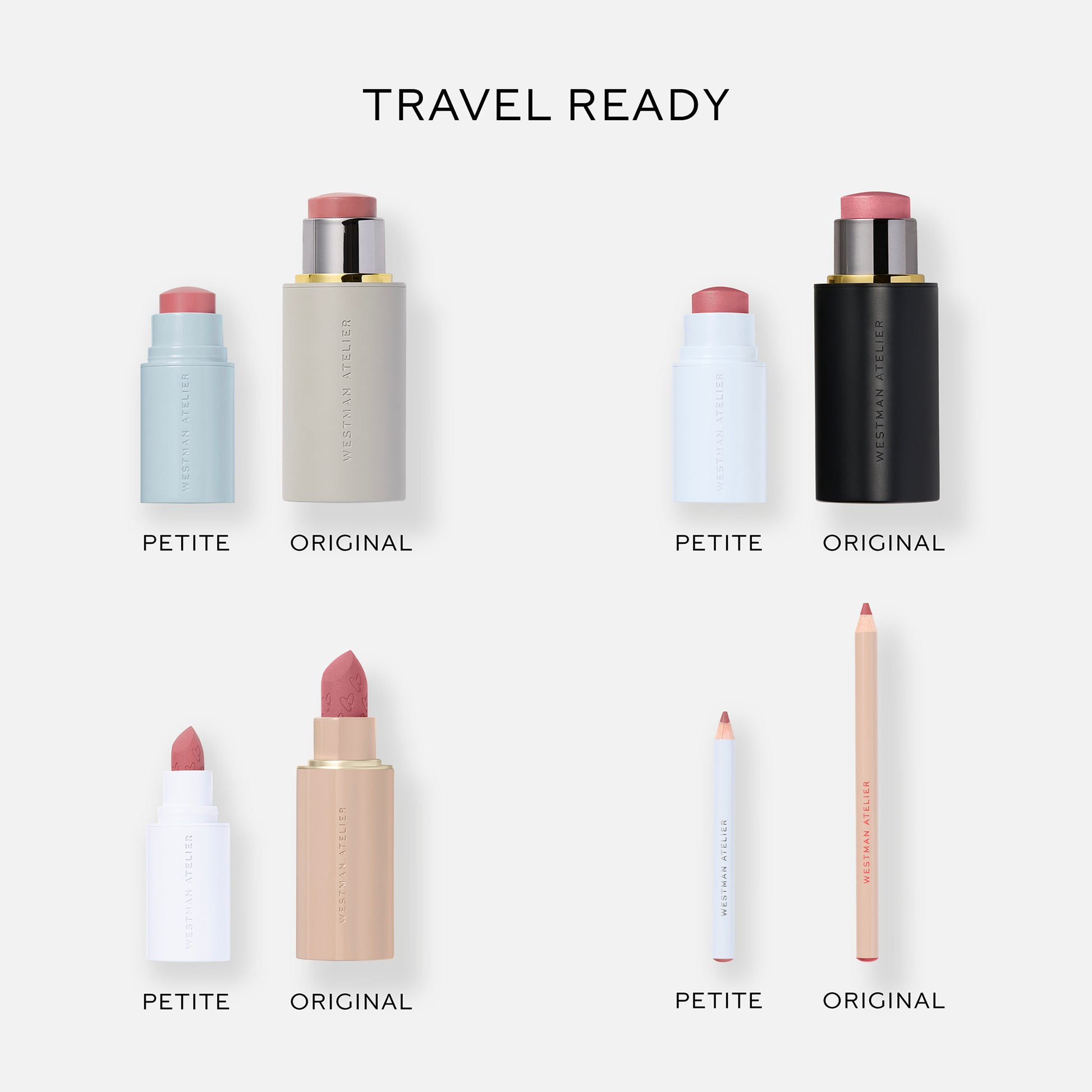 Westman Atelier Petite Petal Edition featuring travel-ready lip and cheek products in various sizes