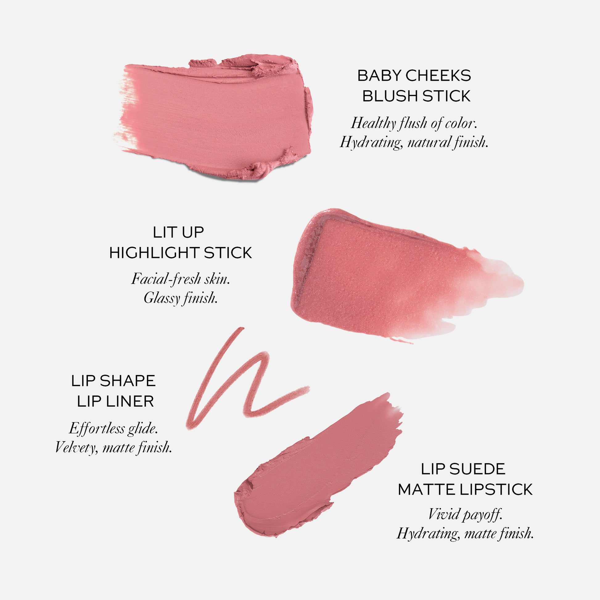 Westman Atelier Petite Petal Edition featuring blush stick, highlighter, lip liner, and matte lipstick swatches