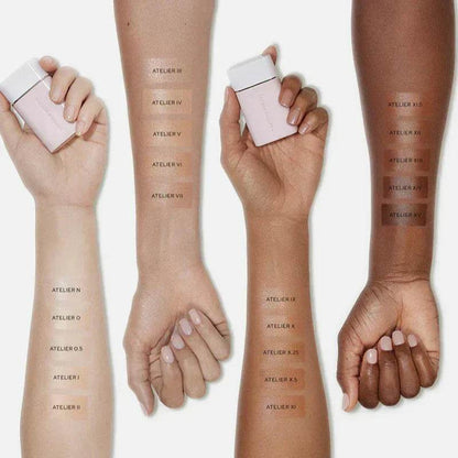 Westman Atelier Radiant Skin Tint swatches on diverse skin tones for optimal shade matching