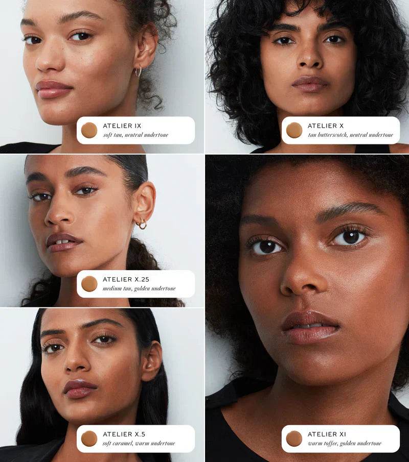 Diverse range of Westman Atelier Radiant Skin Tint shades on various skin tones and textures