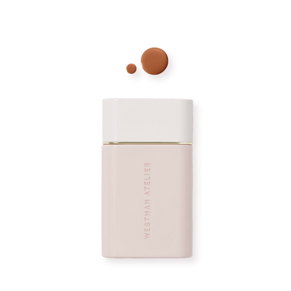 Westman Atelier Radiant Skin Tint in a sleek bottle with product swatches for flawless coverage