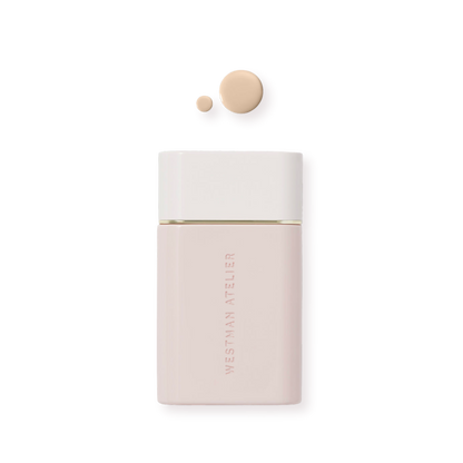 Westman Atelier Radiant Skin Tint in luxury bottle with two swatches of product for a flawless look