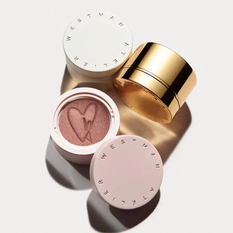 Westman Atelier Cream Eyeshadow in a compact with a heart imprint and elegant packaging