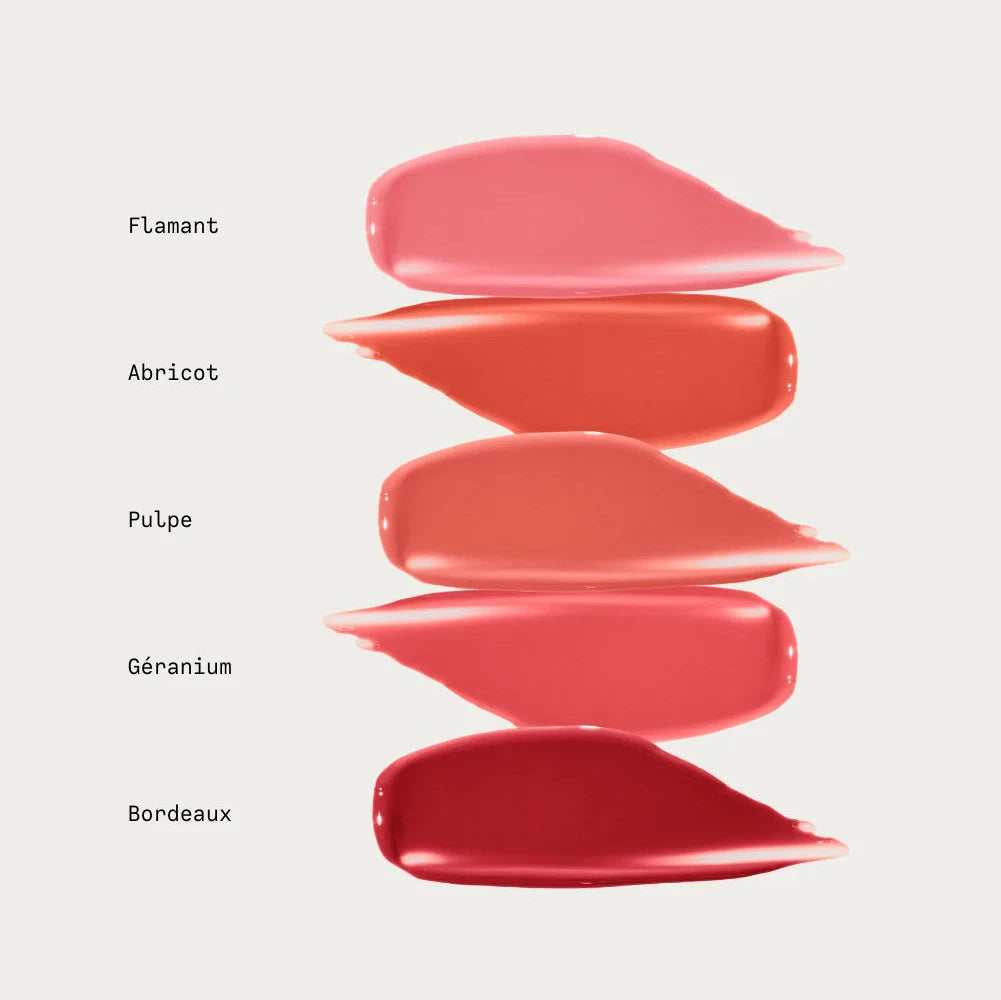 Swatches of Wonderblush Tinted Lip Oil in Flamant, Abricot, Pulpe, Géranium, and Bordeaux shades